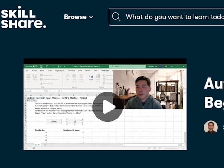 Cover image for Skillshare Class "Automation with Excel Macros / Excel VBA"