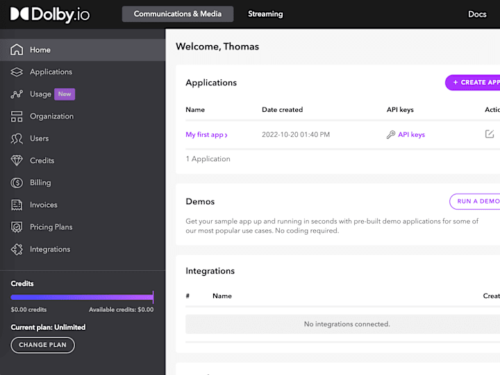 Cover image for Dolby.io Dashboard