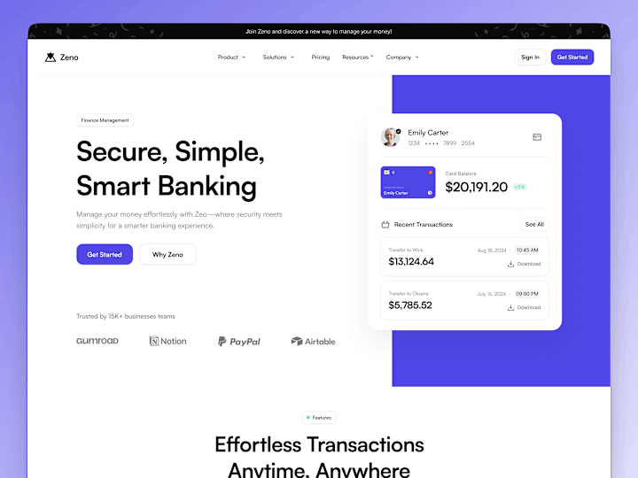 Cover image for Zeno - Fintech Landing Page | UI/UX Design