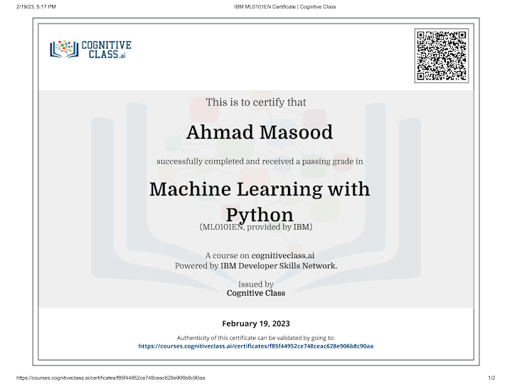 Cover image for IBM ML0101EN Certificate | Cognitive Class
