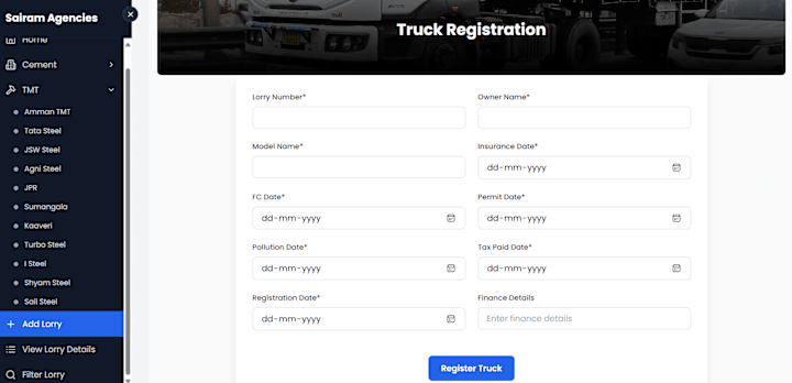 Cover image for Data entry app for cement, TMT bar and Lorry details management