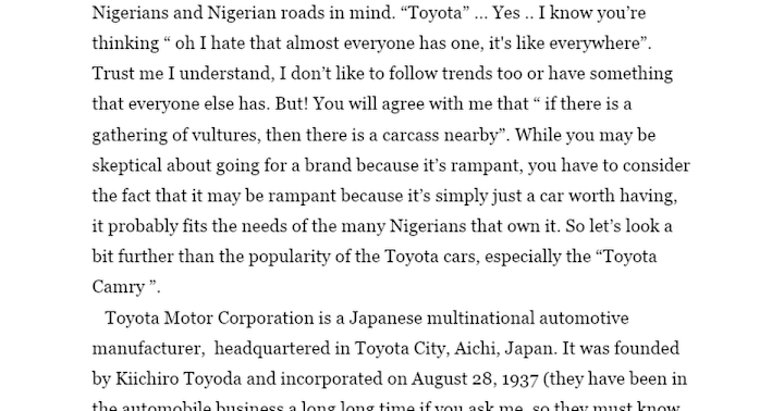 Cover image for 5 Reasons Why Every Nigerian should Consider a  Toyota Camry.
