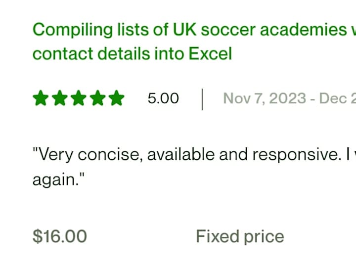 Cover image for Compiling lists of UK soccer academies with website and contact 