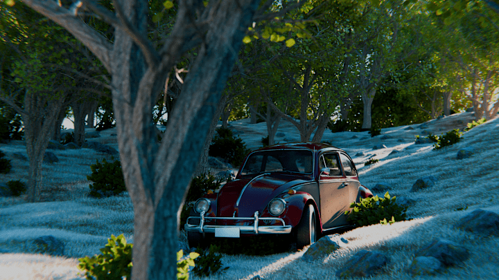 Cover image for "Vintage Serenity: Beetle Car Amidst Peaceful Forest"