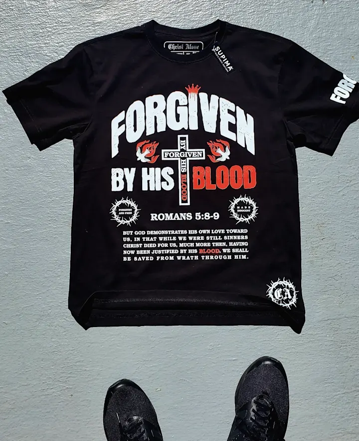 Cover image for Forgiven By His blood Christian T Shirt And Matching Shorts