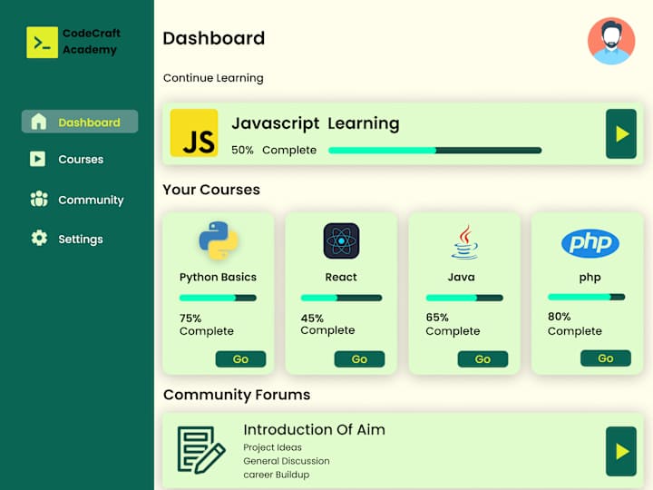 Cover image for CodeCraft Academy (LMS)Dashboard UI