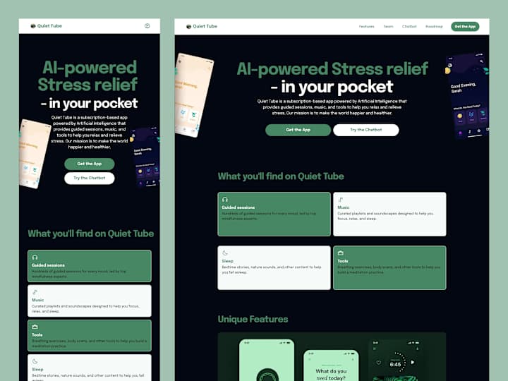 Cover image for Quiet Tube - AI powered stress relief app landing page