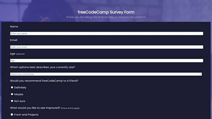 Cover image for freeCodeCamp survey form exercise