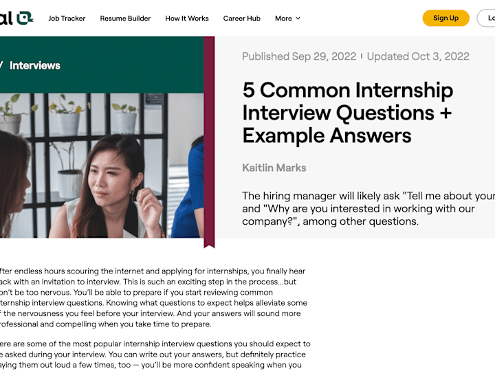 Cover image for 5 Common Internship Interview Questions + Example Answers