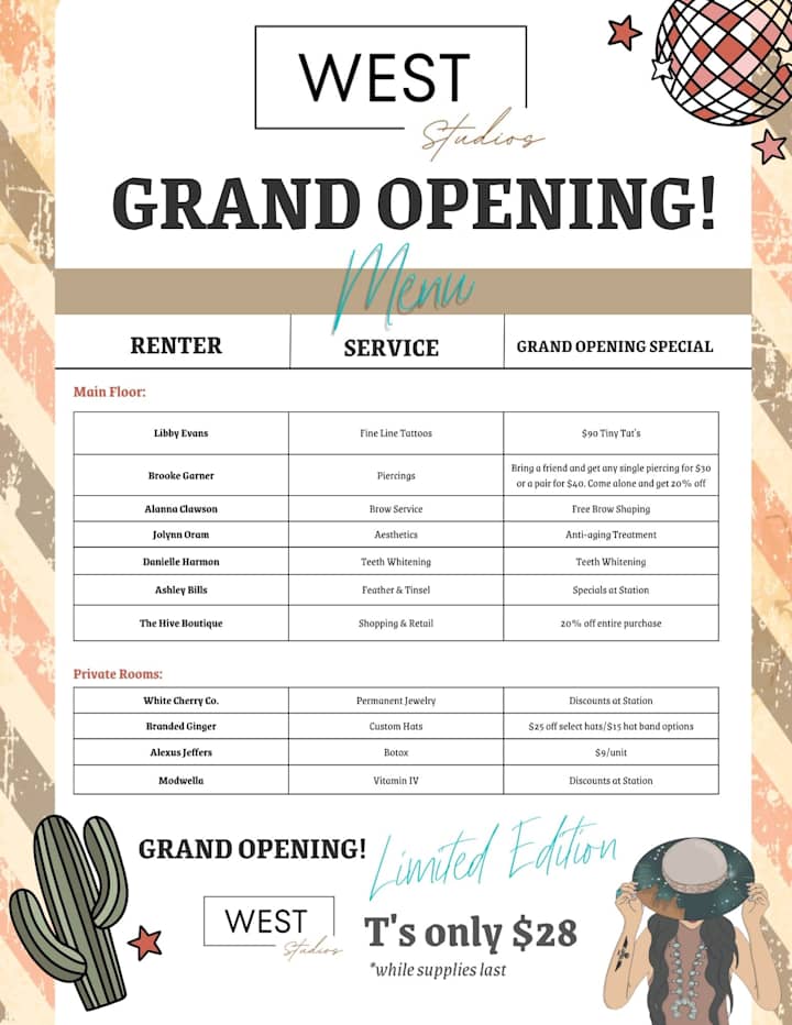 Cover image for Studio Grand Opening Menu