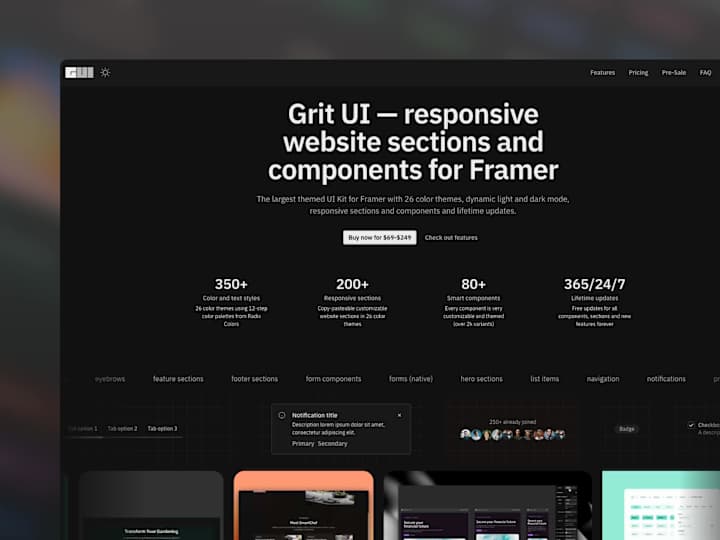 Cover image for Grit UI — Multiple theme UI Kit for Framer