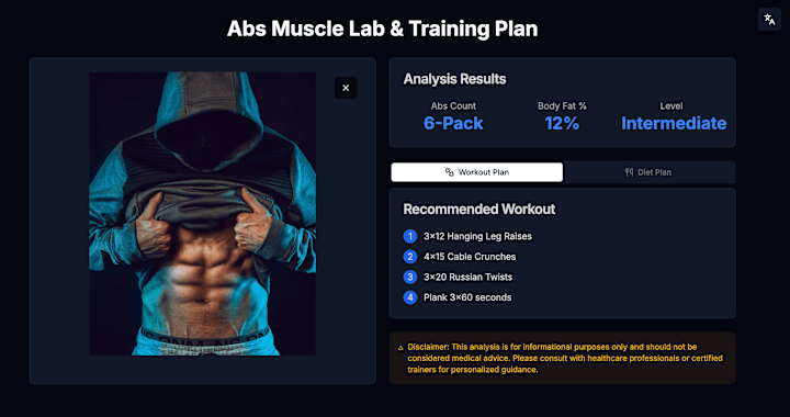 Cover image for AI image analysis web app: 'Abs Muscle Lab & Training Plan'