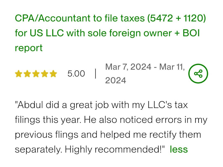 Cover image for CPA/Accountant to file taxes (5472 + 1120) for US LLC with sole 