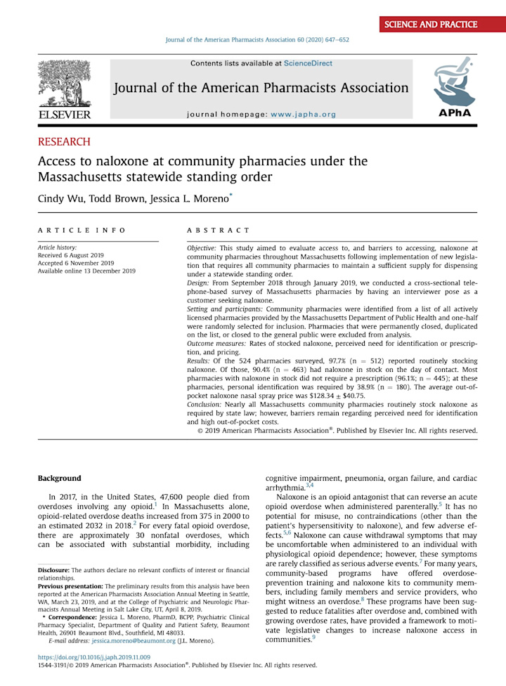 Cover image for Naloxone Access at Community Pharmacies - Journal Publication