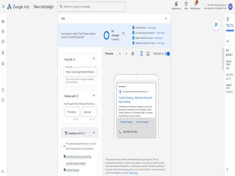 Cover image for Search ads project for a plumbing service