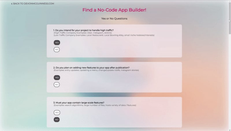 Cover image for No-Code Platform Recommendation Quiz Development