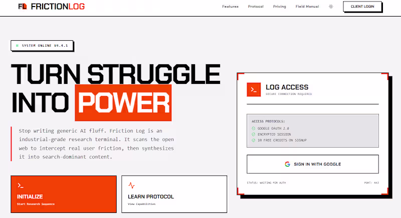 Cover image for FrictionLog is an AI-driven research and content engine buil...