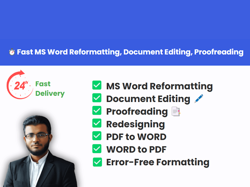Cover image for I will do MS WORD reformatting, document editing, proofreading