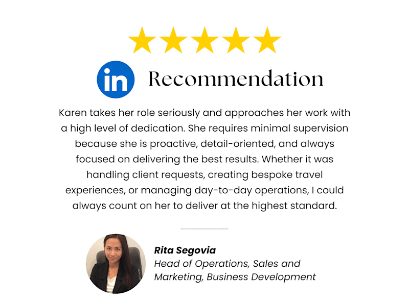 Cover image for Rec on Karen’s strengths: CRM, admin, support & in travel tech.