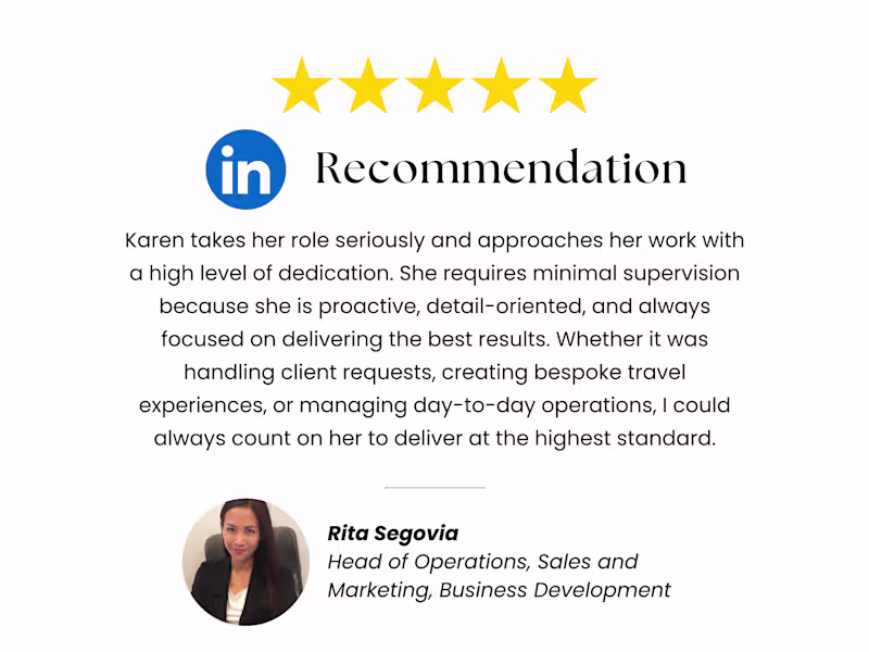 Cover image for Rec on Karen’s strengths: CRM, admin, support & in travel tech.