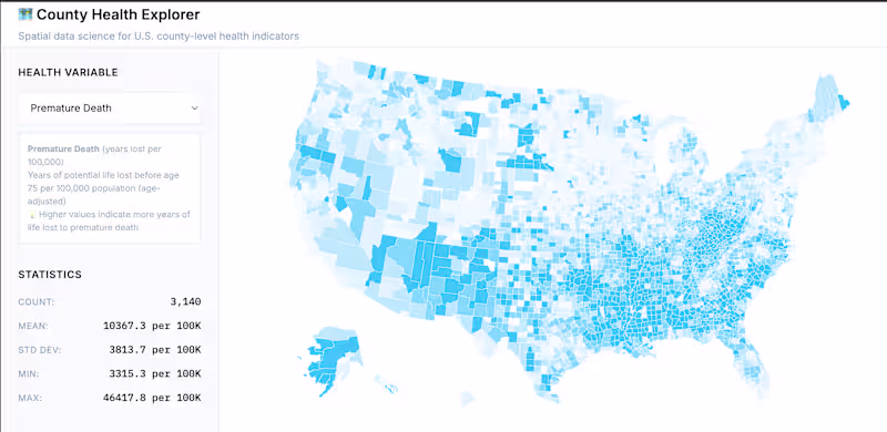Cover image for County Health Explorer: Full-Stack Spatial Data Science App