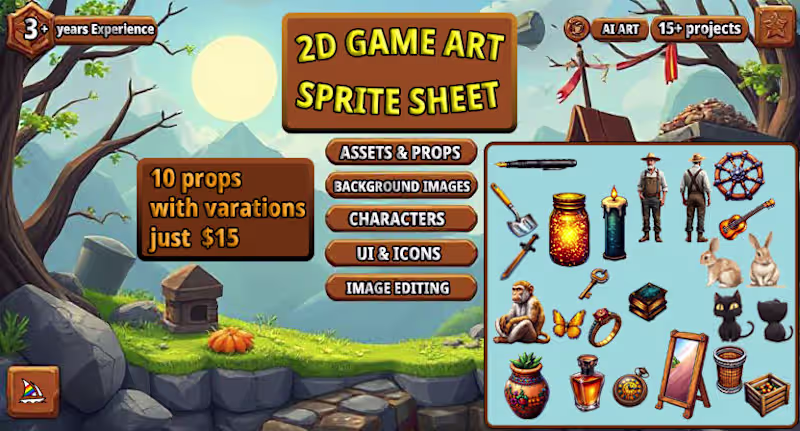 Cover image for I will create high-quality game backgrounds, objects, props,...