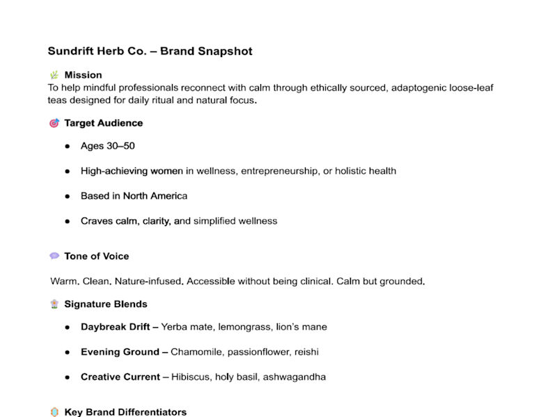 Cover image for One-Page Brand Snapshot: Sundrift Herb Co. (Fictitious Client)