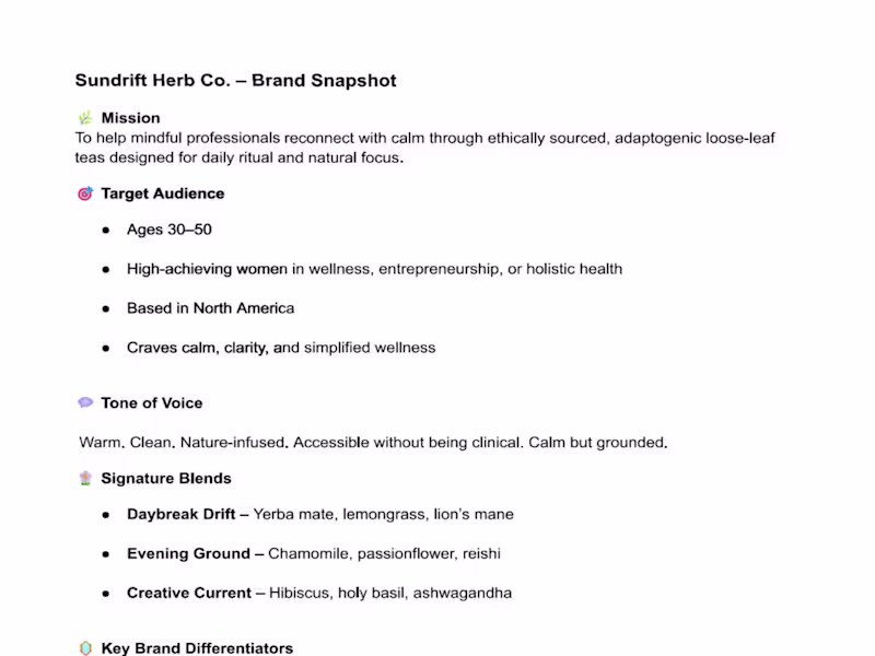 Cover image for One-Page Brand Snapshot: Sundrift Herb Co. (Fictitious Client)