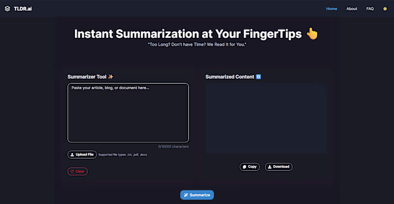 Cover image for TLDR.ai – AI Powered Text Summarizer ✨