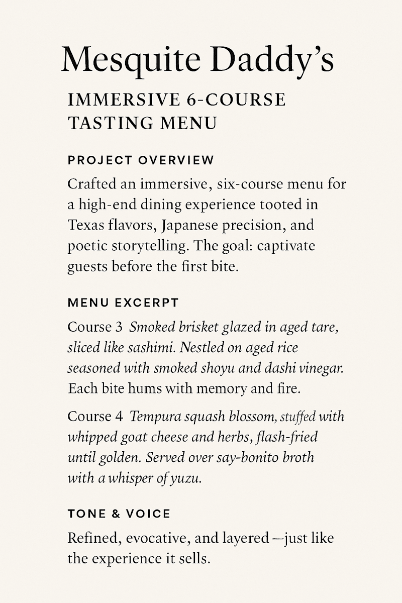 Cover image for Mesquite Daddy’s: Immersive 6-Course Tasting Menu
