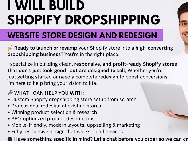 Cover image for I'll build shopify dropshipping website store design & redesign
