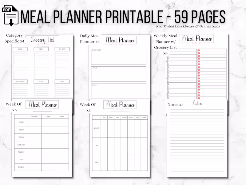 Cover image for Meal Planner Printable - 59 Pages!