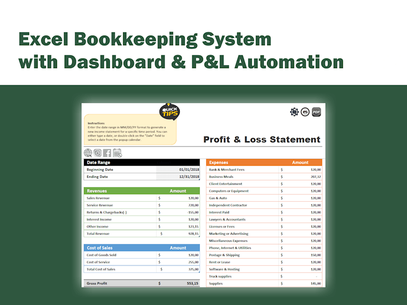 Cover image for Excel Bookkeeping System with Dashboard & P&L Automation