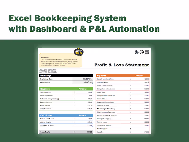 Cover image for Excel Bookkeeping System with Dashboard & P&L Automation