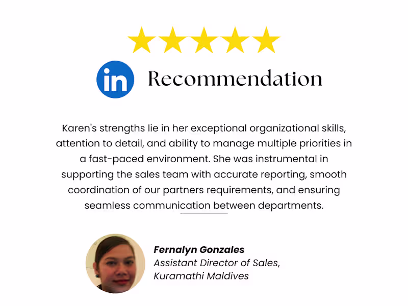 Cover image for Rec on Karen’s strengths: CRM, admin, support & in travel tech