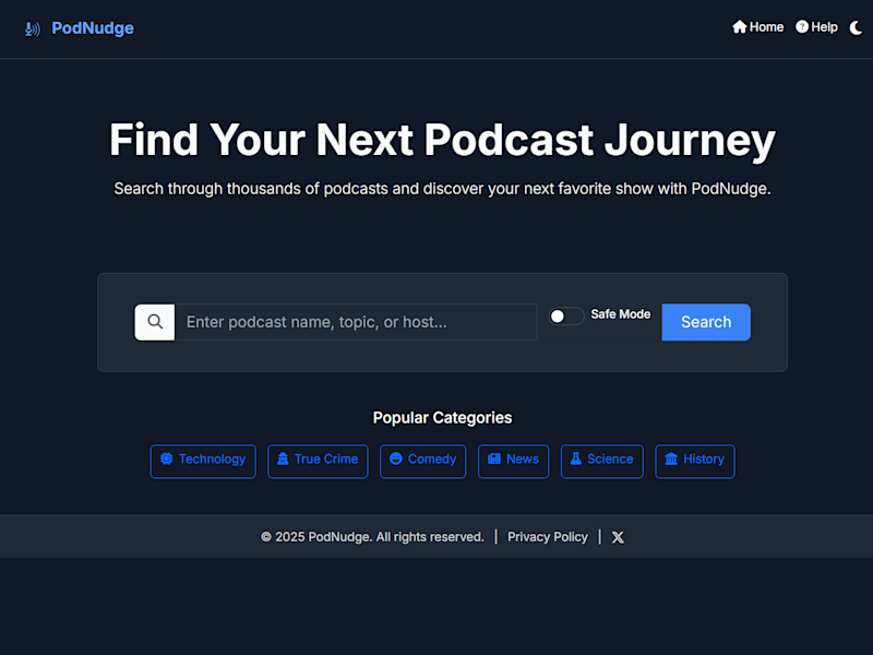 Cover image for PodNudge - Find Your Next Podcast Journey