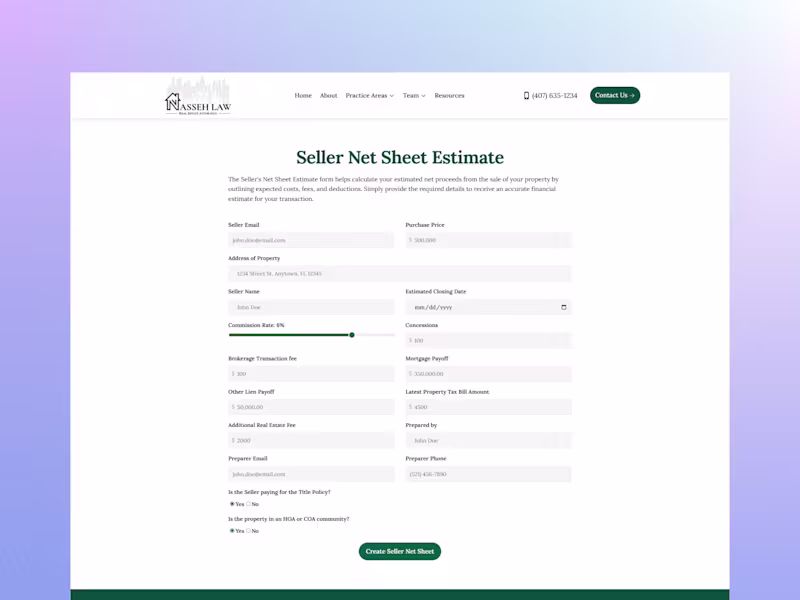 Cover image for Florida Home Seller Net Sheet Calculator | Nasseh Law