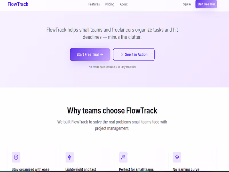 Cover image for Flowtrack landing page design. A clean and modern page built...