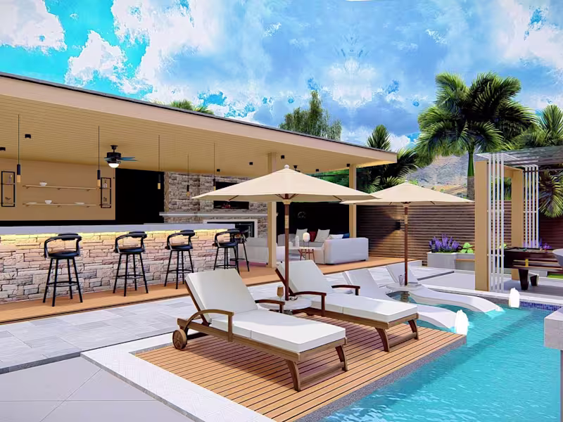 Cover image for Backyard Design with Pool, Jacuzzi, and Outdoor Living Area