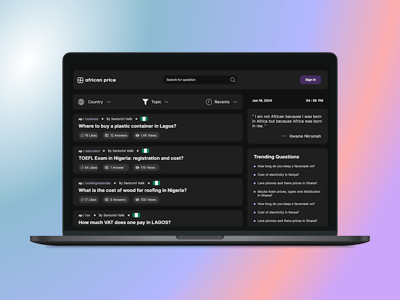 Cover image for AfricanPrice: Full Stack design & development of QnA platform