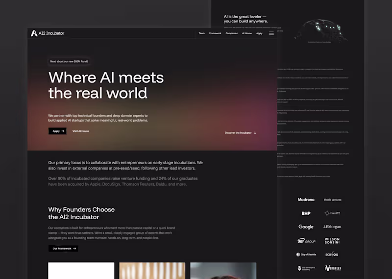 Cover image for AI2 Incubator🔗https://www.ai2incubator.com/ My role: Framer...