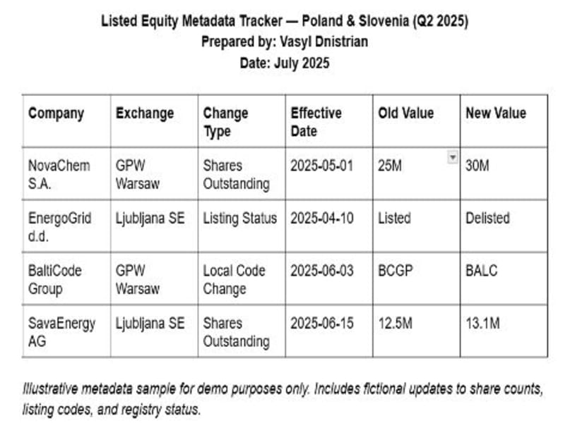 Cover image for Listed Equity Metadata Tracker — Poland & Slovenia (Q2 2025)