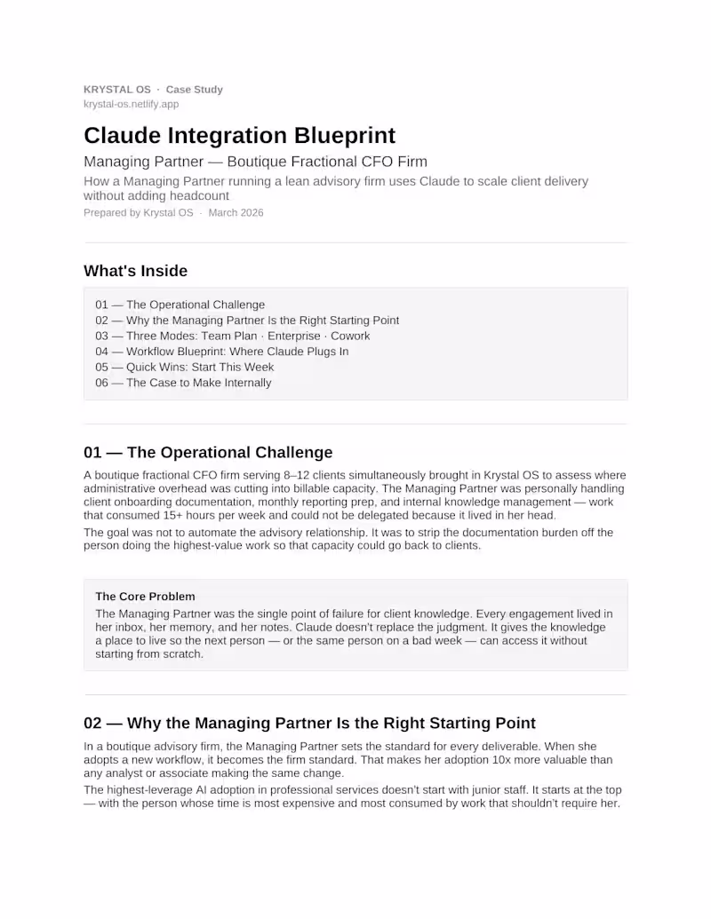 Cover image for Claude Integration Blueprint — Fractional CFO Firm