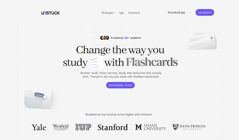 Cover image for Unstuck Smart Flashcard App Landing Page Design