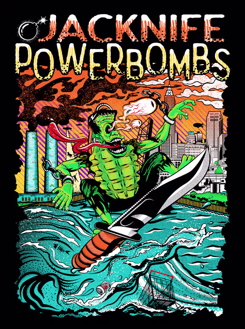 Cover image for Jacknife Powerbombs - Frankengrenade Tshirt Illustration