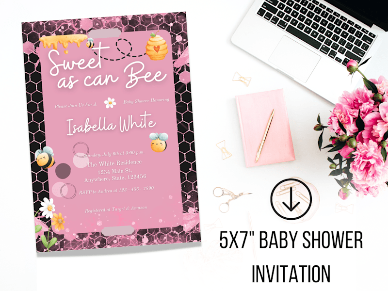 Cover image for Pink Honey Bee Baby Shower Invitation