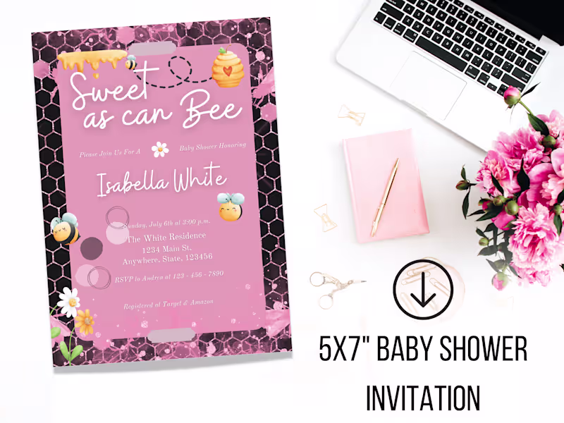 Cover image for Pink Honey Bee Baby Shower Invitation