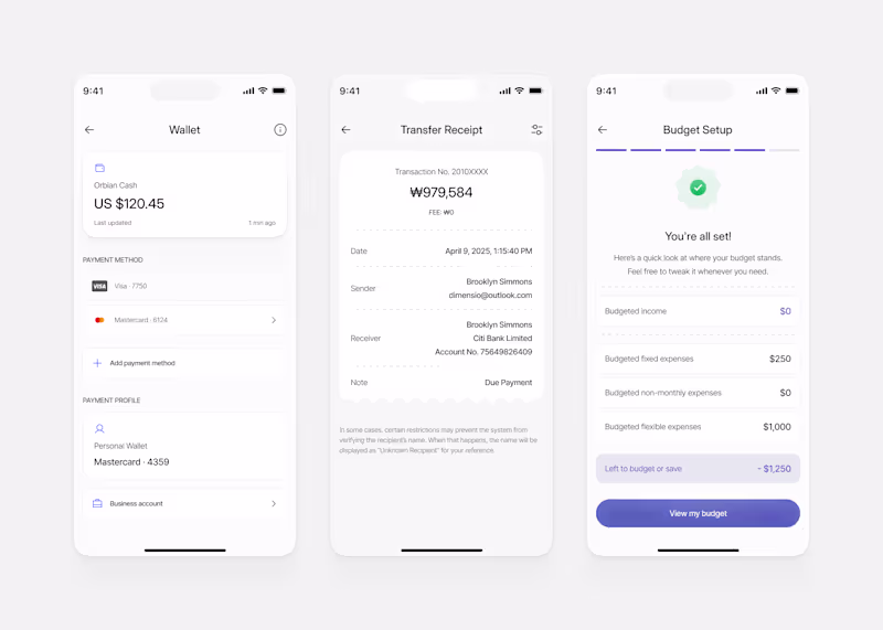 Cover image for Wallet > Transfer Receipt > Budget Setup App screen. We do c...