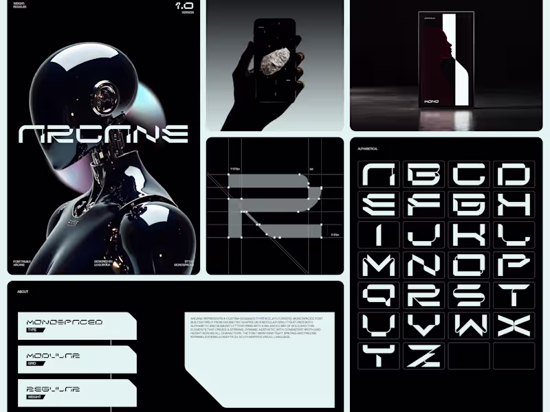 Cover image for Arcane is my first ever custom-designed typeface, a futurist...