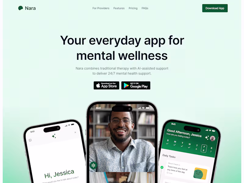 Cover image for Nara Mental Wellness App Landing Page — Design + Dev